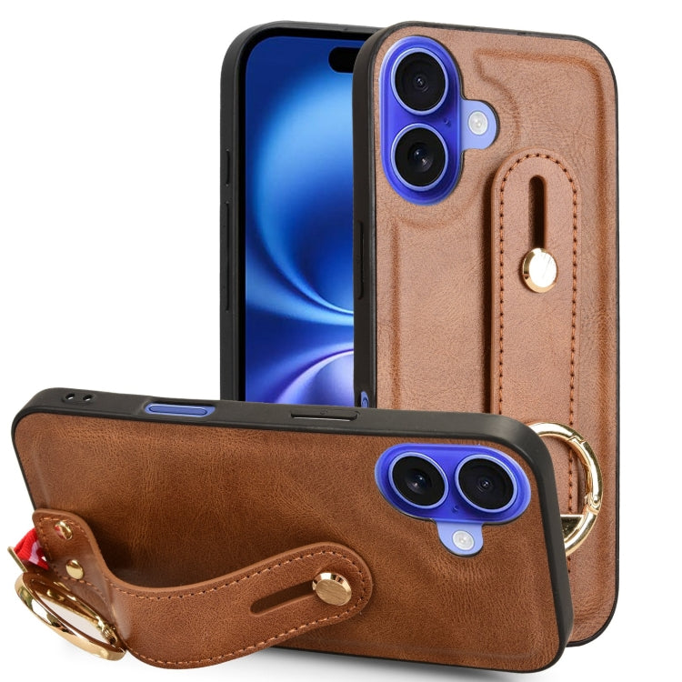 For iPhone 16 Plus Wristband Leather Back Phone Case(Brown) - iPhone 16 Plus Cases by buy2fix | Online Shopping UK | buy2fix