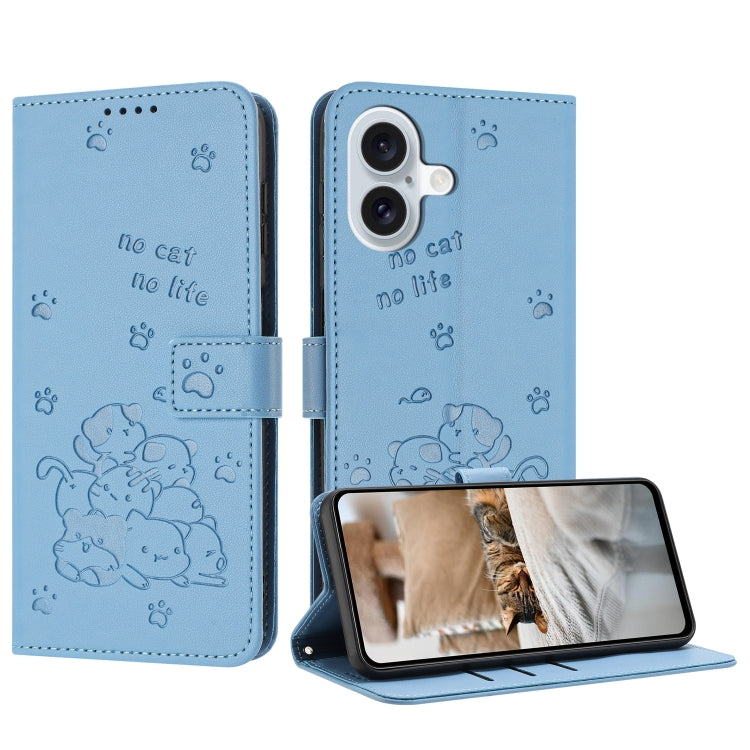 For iPhone 16 Embossed Kitten Phone Leather Case with Lanyard(Blue) - iPhone 16 Cases by buy2fix | Online Shopping UK | buy2fix