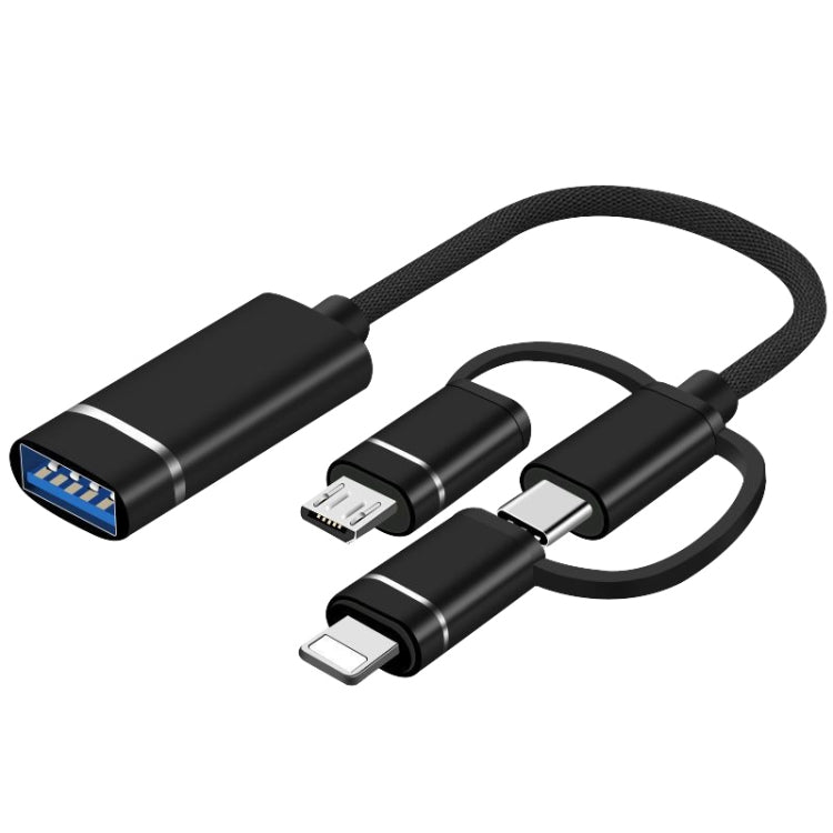 3 in 1 USB Female to Micro USB, Type-C, 8 Pin Male OTG Adapter(Black) - OTG Adapter by buy2fix | Online Shopping UK | buy2fix