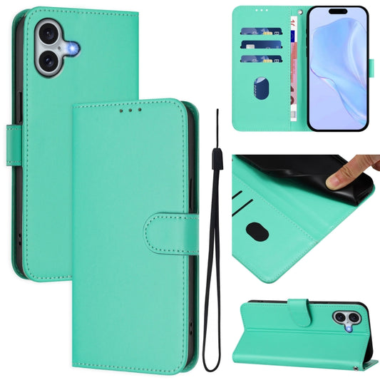 For iPhone 16 Plus Skin Feel Solid Color Leather Phone Case with Lanyard(Green) - iPhone 16 Plus Cases by buy2fix | Online Shopping UK | buy2fix