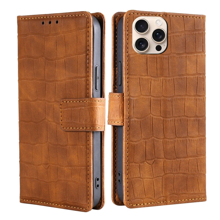 For iPhone 16 Pro Skin Feel Crocodile Magnetic Clasp Leather Phone Case(Brown) - iPhone 16 Pro Cases by buy2fix | Online Shopping UK | buy2fix