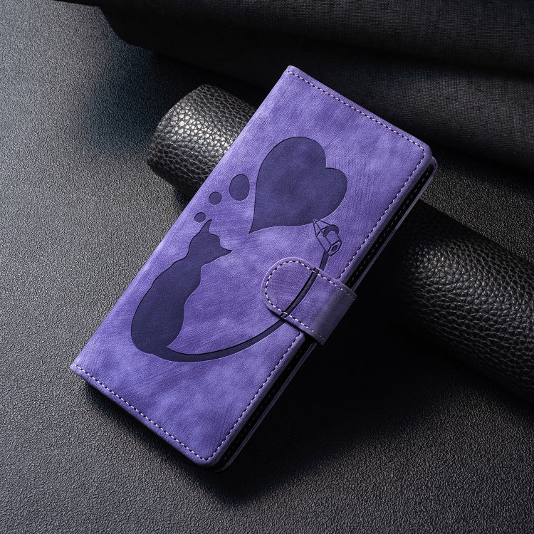 For Samsung Galaxy S25+ 5G Pen Heart Cat Embossed Leather Phone Case(Purple) - Galaxy S25+ 5G Cases by buy2fix | Online Shopping UK | buy2fix