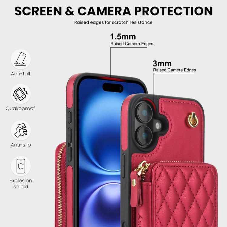 For iPhone 16 Plus AwQuer Crossbody Zipper Wallet Rhombic Leather Back Phone Case(Red) - iPhone 16 Plus Cases by Awquer | Online Shopping UK | buy2fix