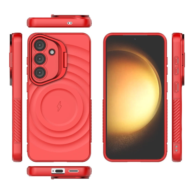 For Samsung Galaxy S25 5G Lens Frame Bracket Corrugated MagSafe Phone Case(Red) - Galaxy S25 5G Cases by buy2fix | Online Shopping UK | buy2fix