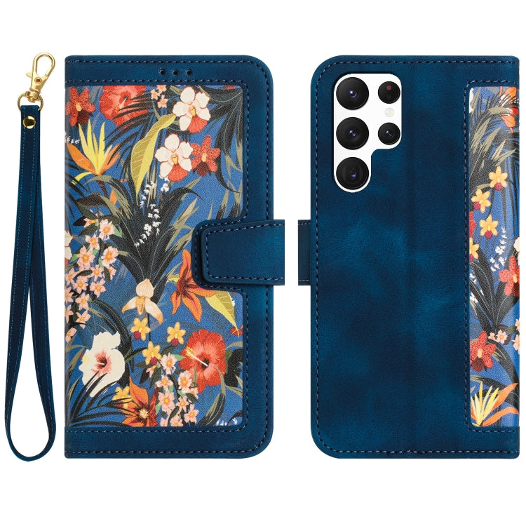 For Samsung Galaxy S25 Ultra 5G Floral Pattern Leather Phone Case with Lanyard(Dark Blue) - Galaxy S25 Ultra 5G Cases by buy2fix | Online Shopping UK | buy2fix