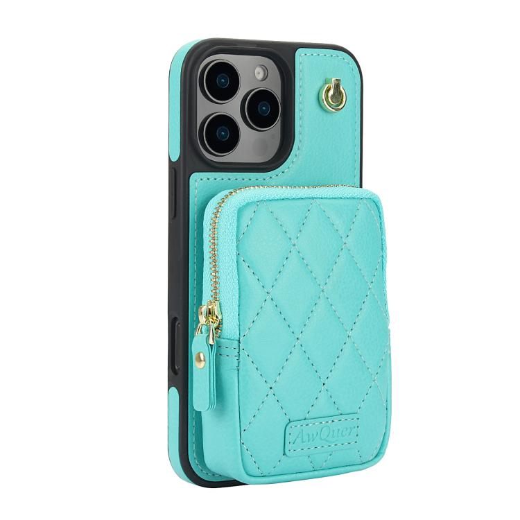 For iPhone 16 Pro AwQuer Crossbody Zipper Wallet Bag Litchi Leather Phone Case(Mint Green) - iPhone 16 Pro Cases by Awquer | Online Shopping UK | buy2fix