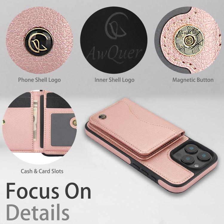 For iPhone 16 Pro Max AwQuer Horizontal Flip Card Bag Holder Leather Phone Case(Rose Gold) - iPhone 16 Pro Max Cases by Awquer | Online Shopping UK | buy2fix