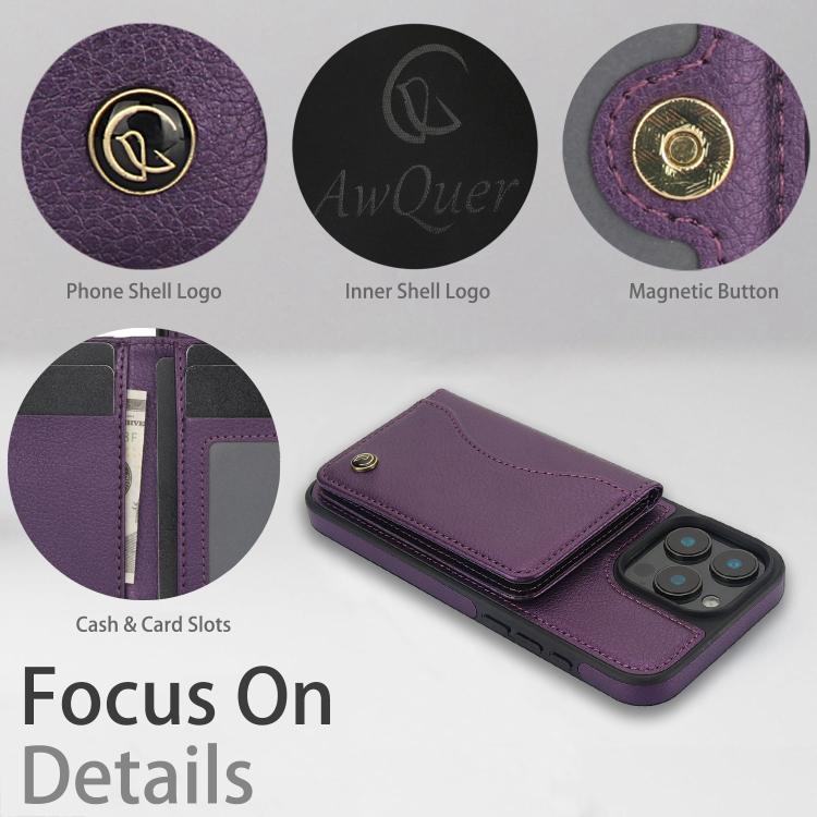 For iPhone 16 Pro AwQuer Horizontal Flip Card Bag Holder Leather Phone Case(Dark Purple) - iPhone 16 Pro Cases by Awquer | Online Shopping UK | buy2fix