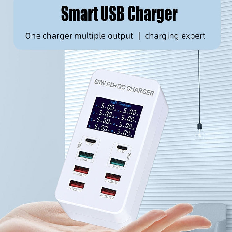 A8T 60W 8 Ports USB + QC3.0 + PD Type-C Smart Charging Station with Digital Display AC100-240V, UK Plug - Multifunction Charger by buy2fix | Online Shopping UK | buy2fix