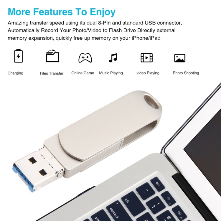 3 in 1 64G USB + 8 Pin + Type-C Metal Rotating Push-pull Flash Disk with OTG Function (Silver) - U Disk & Card Reader by buy2fix | Online Shopping UK | buy2fix