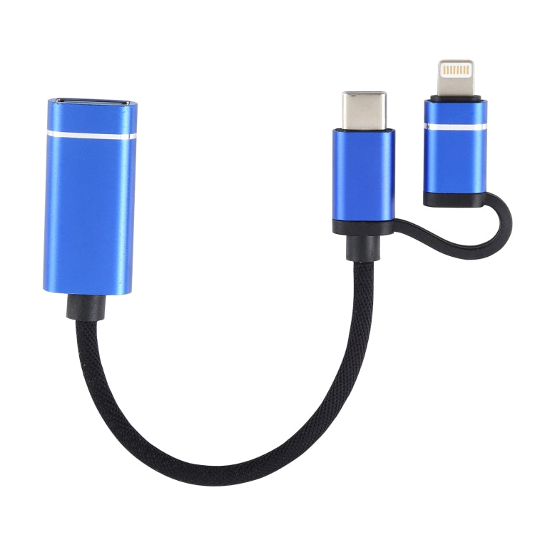 USB 3.0 Female to 8 Pin + USB-C / Type-C Male Charging + Transmission OTG Nylon Braided Adapter Cable, Cable Length: 11cm(Blue) - Converter & Adapter by buy2fix | Online Shopping UK | buy2fix