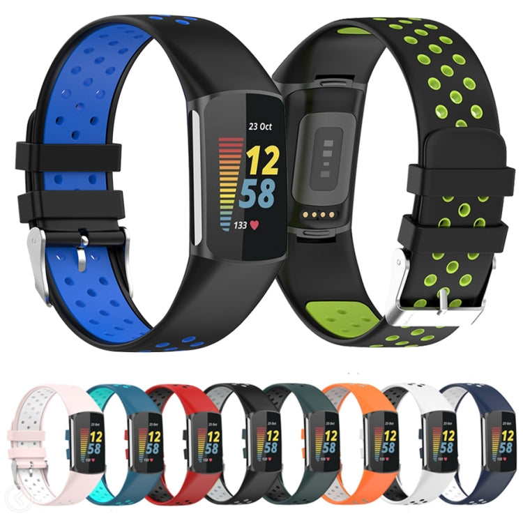 For Fitbit Charge 5 Double Color Metal Buckle Hole Silicone Watch Band(Green Black) - Watch Bands by buy2fix | Online Shopping UK | buy2fix