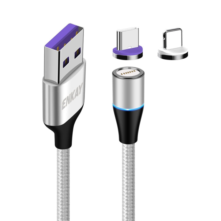 ENKAY 2 in 1 5A USB to Type-C + 8 Pin Magnetic Fast Charging Data Cable with LED Light, Length: 1m(Silver) - Charging Cable & Head by ENKAY | Online Shopping UK | buy2fix