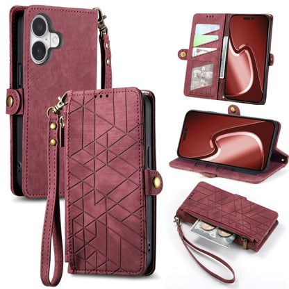 For iPhone 16 Geometric Zipper Wallet Side Buckle Leather Phone Case(Red) - iPhone 16 Cases by buy2fix | Online Shopping UK | buy2fix