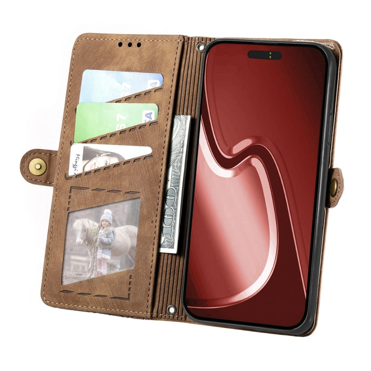 For iPhone 16 Plus Geometric Zipper Wallet Side Buckle Leather Phone Case(Brown) - iPhone 16 Plus Cases by buy2fix | Online Shopping UK | buy2fix