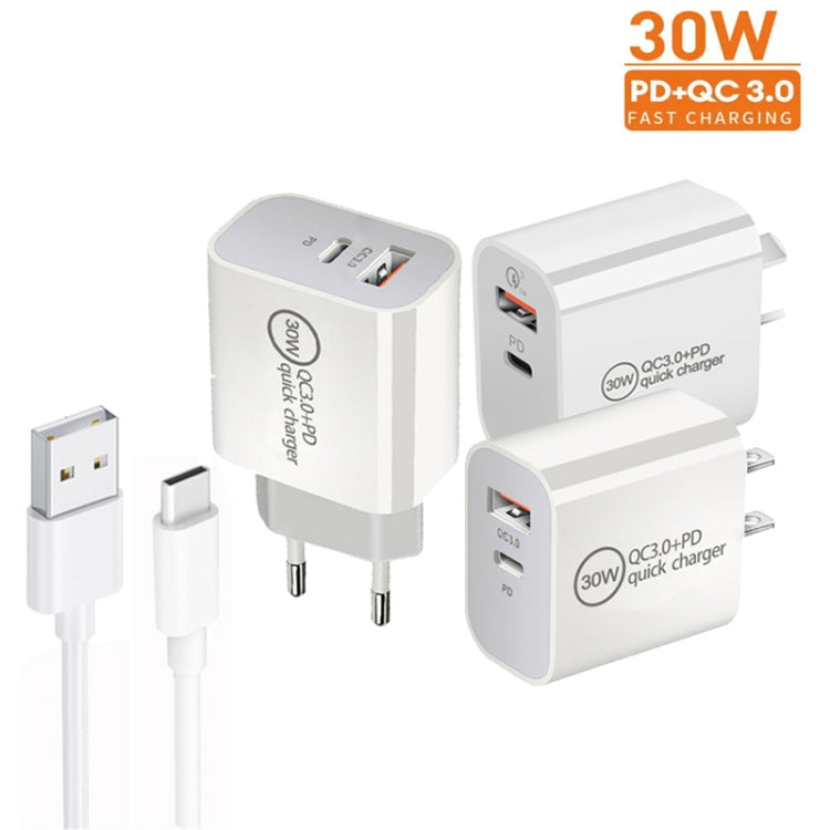 PD30W USB-C / Type-C + QC3.0 USB Dual Port Charger with 1m USB to Type-C Data Cable, EU Plug - USB Charger by buy2fix | Online Shopping UK | buy2fix