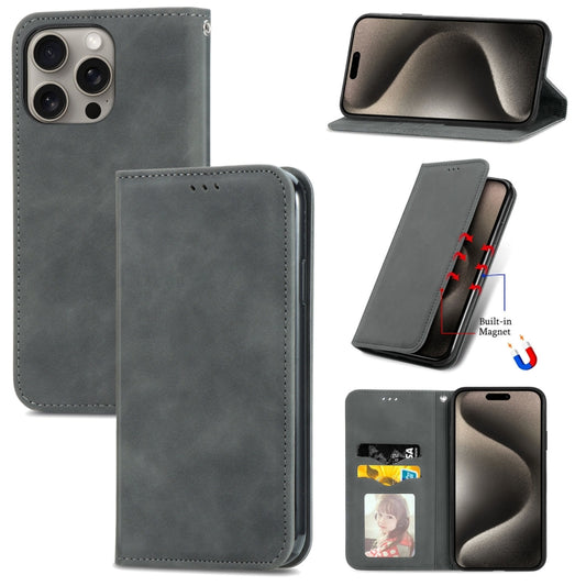 For iPhone 16 Pro Max Retro Skin Feel Magnetic Flip Leather Phone Case(Gray) - iPhone 16 Pro Max Cases by buy2fix | Online Shopping UK | buy2fix