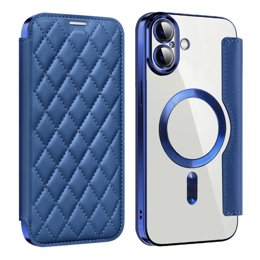 For iPhone 16 Shield Magsafe RFID Anti-theft Rhombus Leather Phone Case(Dark Blue) - iPhone 16 Cases by buy2fix | Online Shopping UK | buy2fix