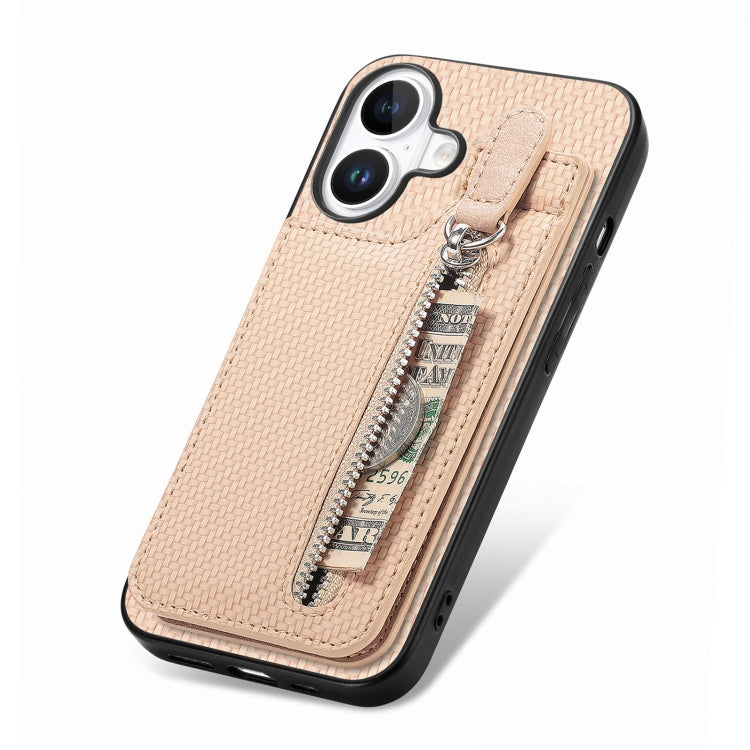 For iPhone 16 Carbon Fiber Vertical Flip Zipper Phone Case(Khaki) - iPhone 16 Cases by buy2fix | Online Shopping UK | buy2fix