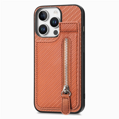 For  iPhone 16 Pro Max Carbon Fiber Vertical Flip Zipper Phone Case(Brown) - iPhone 16 Pro Max Cases by buy2fix | Online Shopping UK | buy2fix