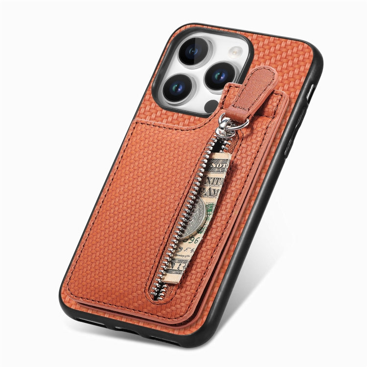 For  iPhone 16 Pro Max Carbon Fiber Vertical Flip Zipper Phone Case(Brown) - iPhone 16 Pro Max Cases by buy2fix | Online Shopping UK | buy2fix