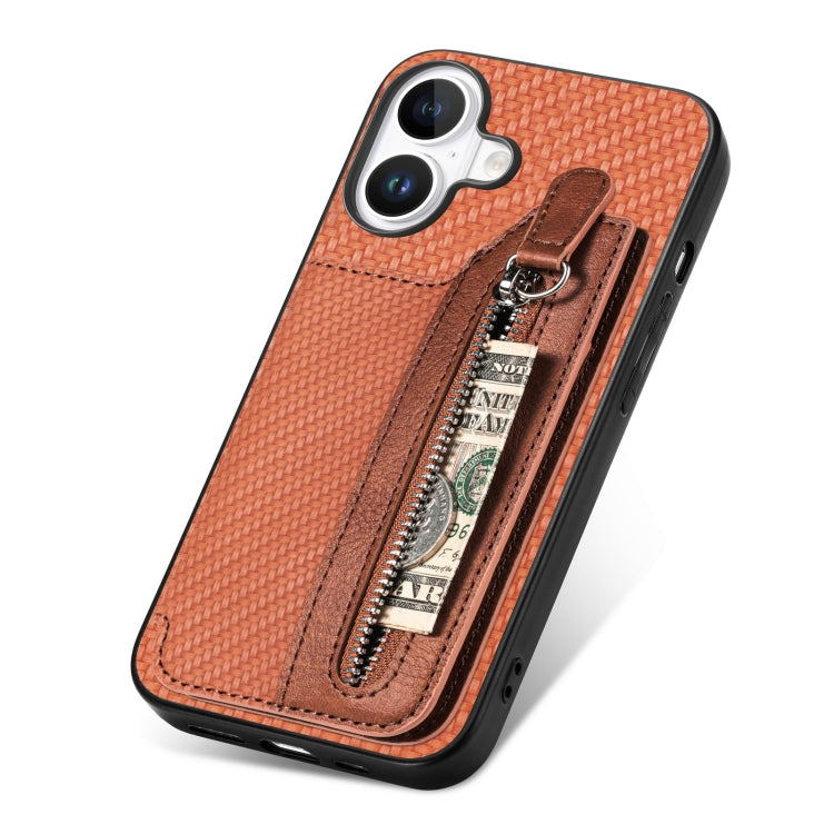 For iPhone 16 Plus Carbon Fiber Horizontal Flip Zipper Wallet Phone Case(Brown) - iPhone 16 Plus Cases by buy2fix | Online Shopping UK | buy2fix