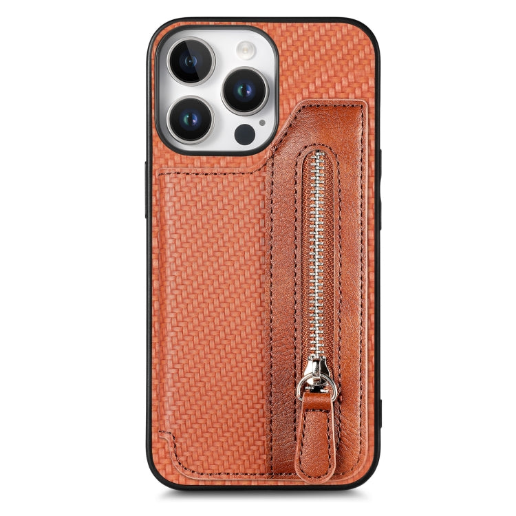 For iPhone 16 Pro Max Carbon Fiber Horizontal Flip Zipper Wallet Phone Case(Brown) - iPhone 16 Pro Max Cases by buy2fix | Online Shopping UK | buy2fix