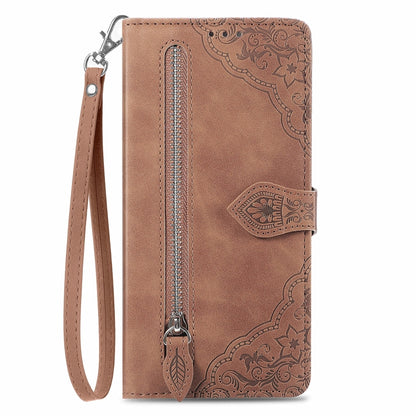 For Xiaomi Redmi 13C 5G Embossed Flower Zipper Leather Phone Case(Brown) - 13C Cases by buy2fix | Online Shopping UK | buy2fix