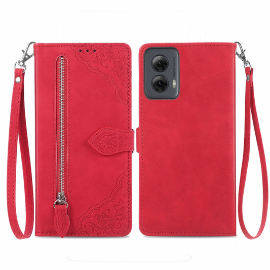 For Motorola Moto G Power 5G 2024 Embossed Flower Zipper Leather Phone Case(Red) - Motorola Cases by buy2fix | Online Shopping UK | buy2fix