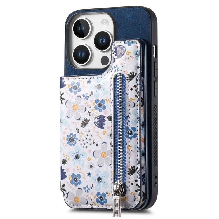 For iPhone 16 Pro Max Retro Painted Zipper Wallet Back Phone Case(Blue) - iPhone 16 Pro Max Cases by buy2fix | Online Shopping UK | buy2fix