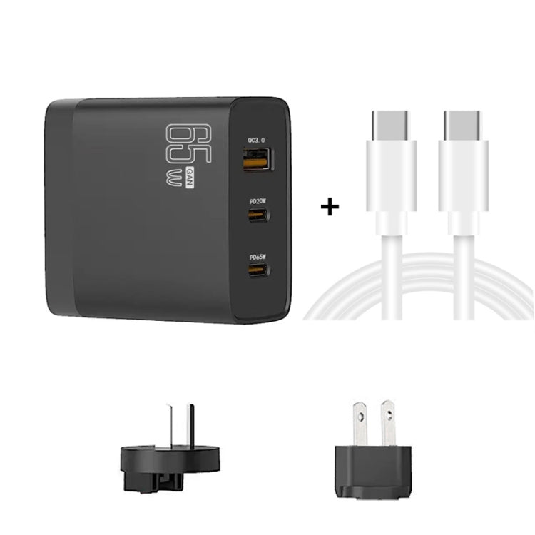 GAN 65W PD45W Dual Type-C / QC3.0 USB  Multi Compatible Charger + 2m USB-C to USB-C Data Cable AU + US Plug Black - Cable & Adapter by buy2fix | Online Shopping UK | buy2fix