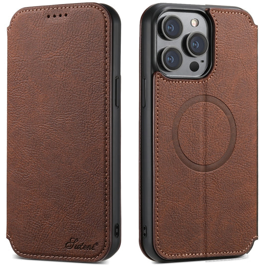 For iPhone 15 Pro Suteni J06 Retro Matte Litchi Texture Leather Magnetic Magsafe Phone Case(Brown) - iPhone 15 Pro Cases by Suteni | Online Shopping UK | buy2fix