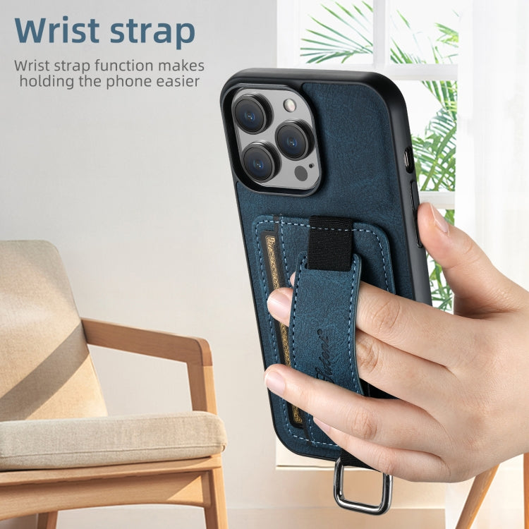 For iPhone 16 Pro Suteni H13 Litchi Leather Wrist Strap Wallet Back Phone Case(Blue) - iPhone 16 Pro Cases by Suteni | Online Shopping UK | buy2fix