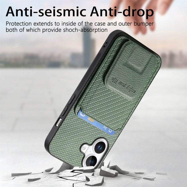 For iPhone 16 Plus Carbon Fiber Card Bag Fold Stand Phone Case(Green) - iPhone 16 Plus Cases by buy2fix | Online Shopping UK | buy2fix