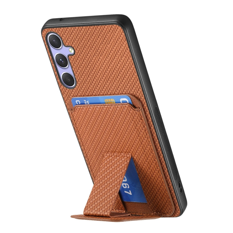 For Samsung Galaxy S25+ 5G Carbon Fiber Card Bag Fold Stand Phone Case(Brown) - Galaxy S25+ 5G Cases by buy2fix | Online Shopping UK | buy2fix