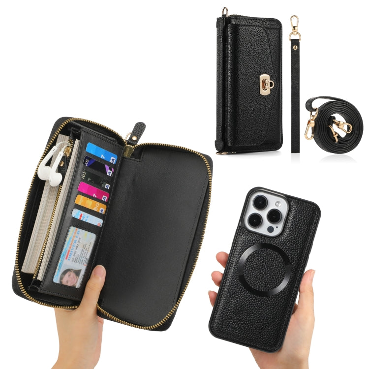 For iPhone 15 MagSafe Crossbody Multi-functional Zipper Wallet Litchi Leather Phone Case(Black) - iPhone 15 Cases by buy2fix | Online Shopping UK | buy2fix