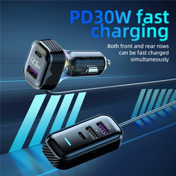 YQ6 PD 30W Fast Charging 2 x Type-C + 3 x USB Car Charger with 1.5m Extension Cable - Car Charger by buy2fix | Online Shopping UK | buy2fix