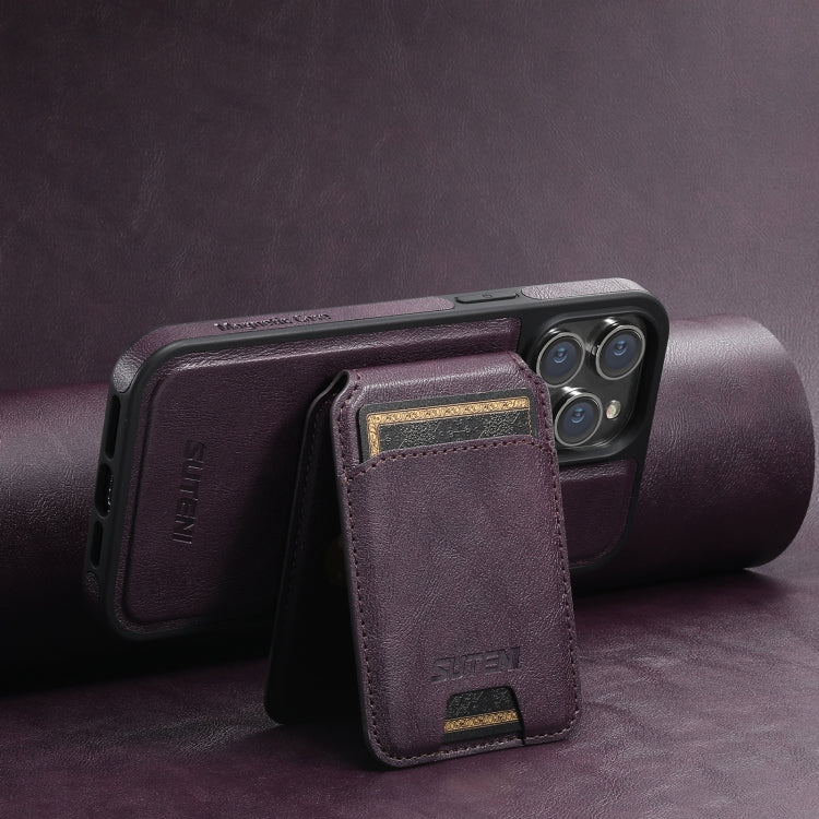 For iPhone 12  Suteni M2 Oil Wax MagSafe Horizontal Card Bag Phone Case(Purple) - iPhone 12 / 12 Pro Cases by Suteni | Online Shopping UK | buy2fix