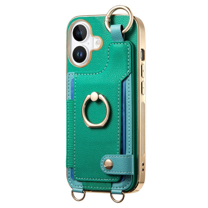 For iPhone 16 Plus Fashion Ring Card Bag Phone Case with Hang Loop(Green) - iPhone 16 Plus Cases by buy2fix | Online Shopping UK | buy2fix