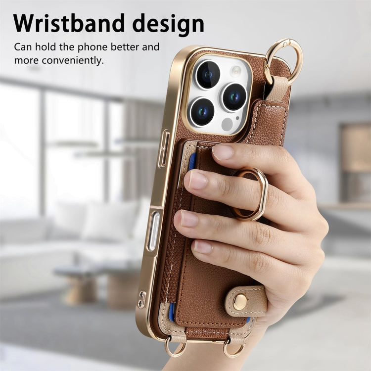 For iPhone 16 Pro Fashion Ring Card Bag Phone Case with Hang Loop(Brown) - iPhone 16 Pro Cases by buy2fix | Online Shopping UK | buy2fix