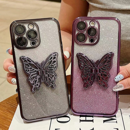 For iPhone 16 Plus Electroplated Gradient Glitter 3D Butterfly TPU Phone Case(Gradient Silver) - iPhone 16 Plus Cases by buy2fix | Online Shopping UK | buy2fix