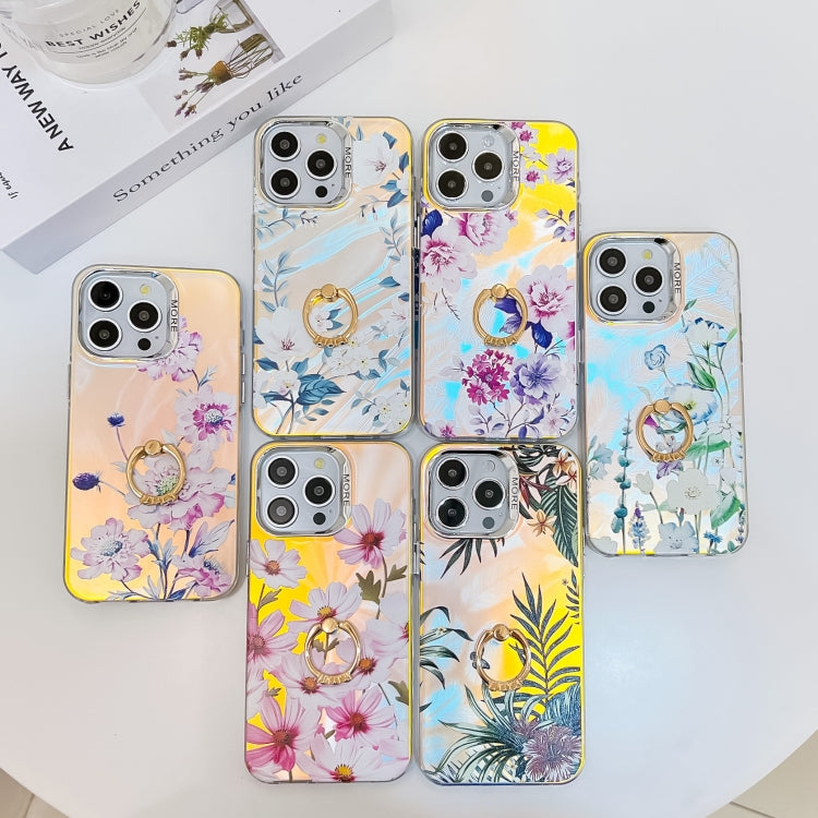 For iPhone 16 Pro Electroplating Laser Flower Ring Holder TPU Phone Case(Plum Blossom AH18) - iPhone 16 Pro Cases by buy2fix | Online Shopping UK | buy2fix