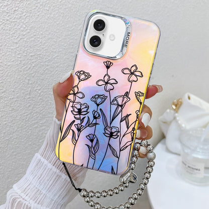 For iPhone 16 Plus Electroplating Laser Flower Phone Case with Wrist Strap(Drawn Flowers AH3) - iPhone 16 Plus Cases by buy2fix | Online Shopping UK | buy2fix