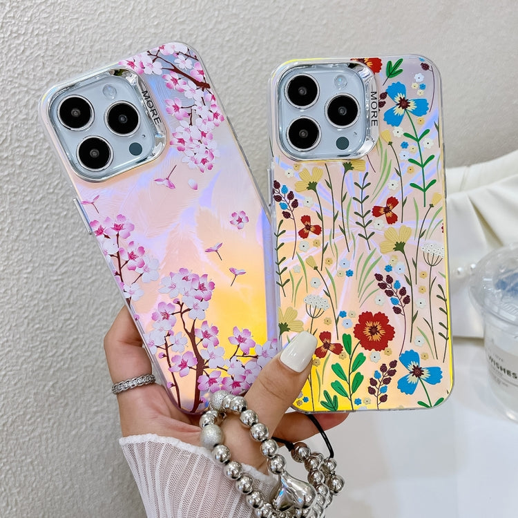 For iPhone 16 Pro Electroplating Laser Flower Phone Case with Wrist Strap(Myosotis AH2) - iPhone 16 Pro Cases by buy2fix | Online Shopping UK | buy2fix