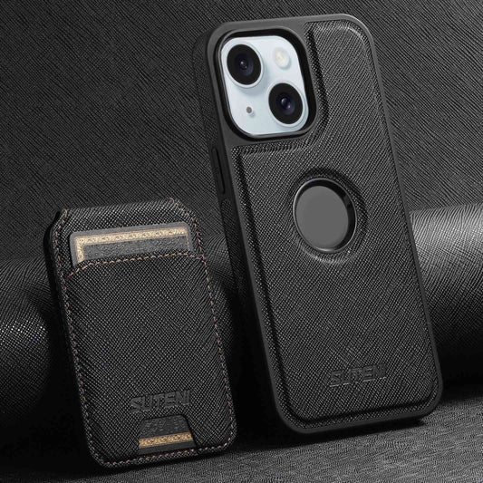 For iPhone 15 Suteni M2 Cross-Grain MagSafe Vertical Card Back Phone Case(Black) - iPhone 15 Cases by Suteni | Online Shopping UK | buy2fix