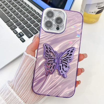 For iPhone 16 Pro Plating Glitter Texture Butterfly Holder TPU Phone Case with Lens Film(Purple Water Ripples) - iPhone 16 Pro Cases by buy2fix | Online Shopping UK | buy2fix