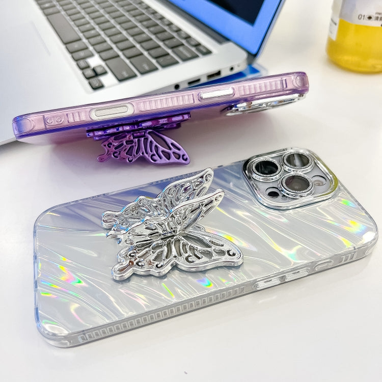 For iPhone 16 Pro Max Plating Glitter Texture Butterfly Holder TPU Phone Case with Lens Film(Pink Tinfoil Texture) - iPhone 16 Pro Max Cases by buy2fix | Online Shopping UK | buy2fix