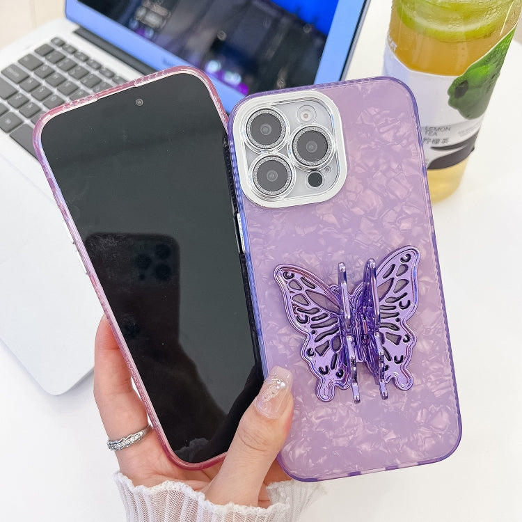 For iPhone 16 Pro Plating Glitter Texture Butterfly Holder TPU Phone Case with Lens Film(Purple Shell Pattern) - iPhone 16 Pro Cases by buy2fix | Online Shopping UK | buy2fix