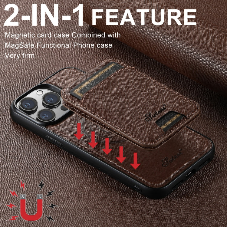 For iPhone 15 Suteni H18 Cross Grain MagSafe Wallet Leather Phone Case(Brown) - iPhone 15 Cases by Suteni | Online Shopping UK | buy2fix