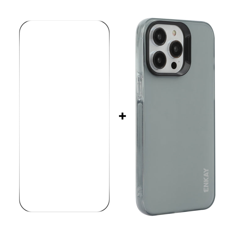 For iPhone 15 Pro Max ENKAY Hat-Prince Translucent Matte TPU Phone Case + 9H Big Arc Edge Film(Grey) - iPhone 15 Pro Max Cases by ENKAY | Online Shopping UK | buy2fix